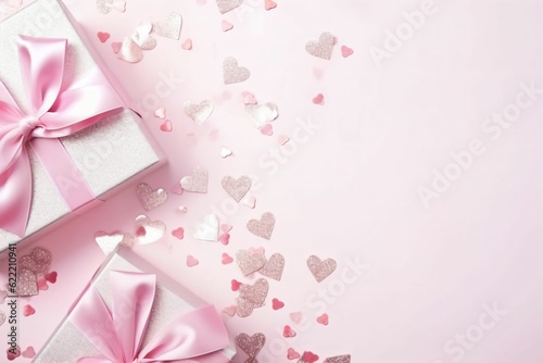 Top view photo of white gift boxes with pink silk ribbon bows silver sequins and heart shaped confetti - Generative AI © seogi