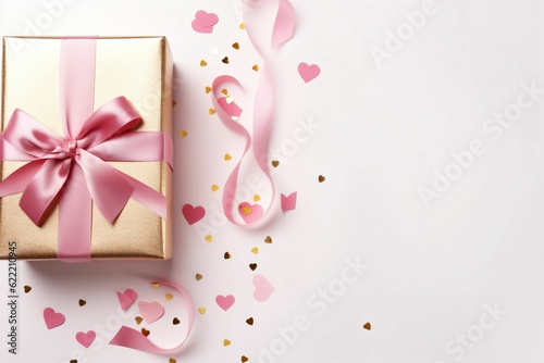 Valentine's Day concept. Top view photo of pastel pink present box with silk ribbon bow golden hearts - Generative AI © seogi