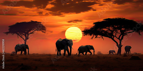 Group of elephants in the African savannah at dusk. Generative AI