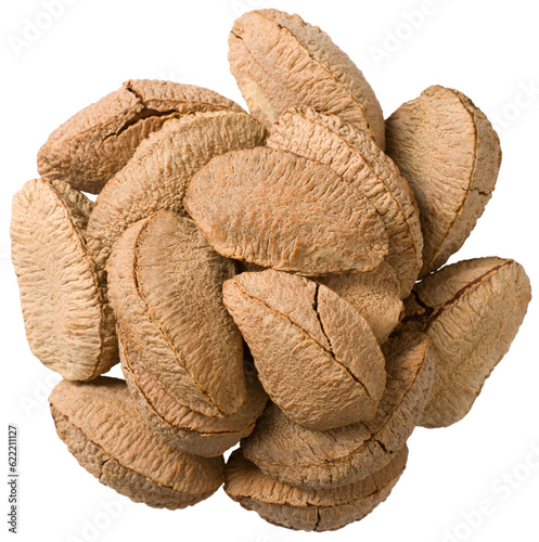 Small heap of Brazil nuts isolated on white background, top view.