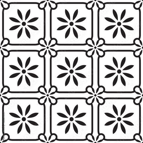 black and white tile pattern, Azulejos Portugal ornament, Talavera ceramic decor, Moroccan mosaic, Spanish porcelain tableware, folk print, Spanish pottery, Mediterranean seamless background vector