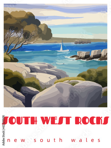South West Rocks: Retro tourism poster with a Australian landscape and the headline South West Rocks / New South Wales