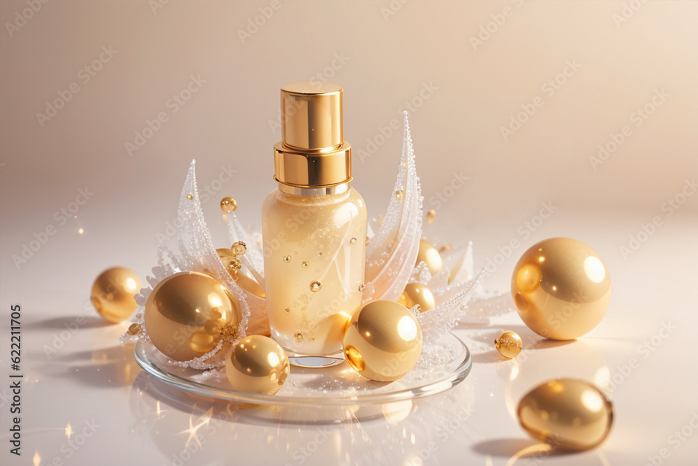 3D rendering of skin care moisturizer products bottle displayed on podium floating on water ripple background. 3D rendering of skin care moisturizer products bottle displayed on podium floating on water ripple background.