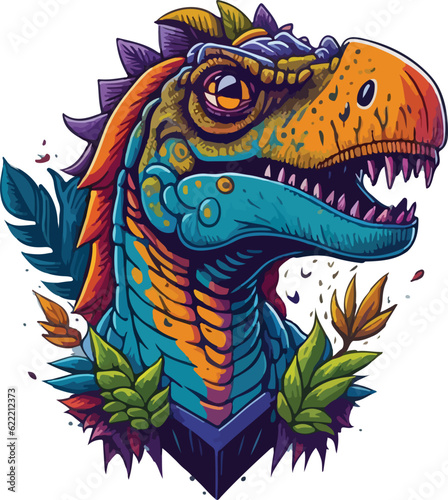 Colorful dinosaur face vibrant bold vivid colors t-shirt design vector illustrations. Polychromatic raptor rendition © jmgdigital