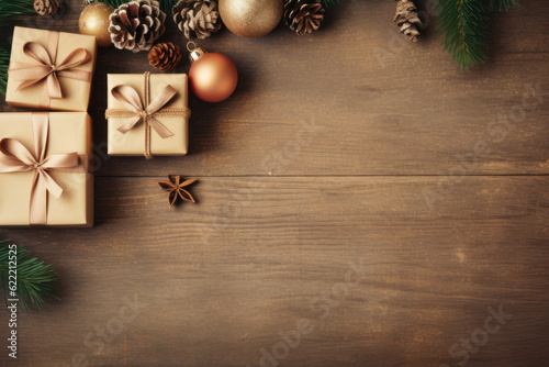 Gift boxs on copy space wood background. Christmas theme. Generative ai. © tonktiti