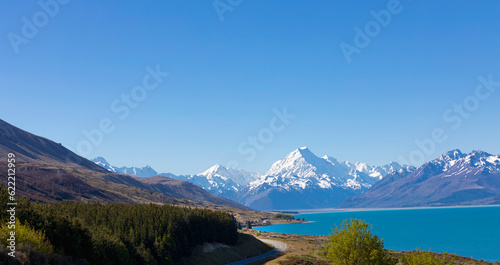 Landscape view of  mountain range near Aoraki Mount Cook and the road leading to Mount Cook Village in New zealand