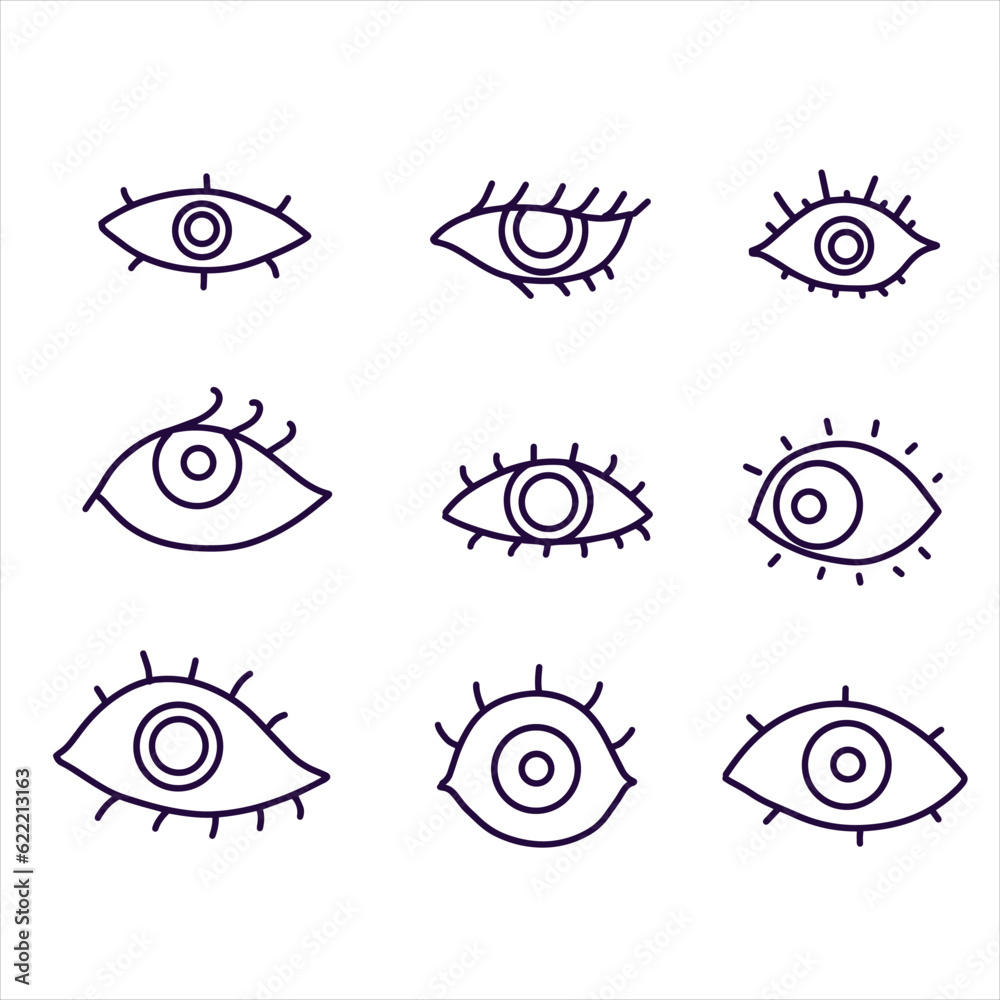 Eyes set groovy collection. Simple Outline hippie open eye icons. Human vision. Illustration isolated on white