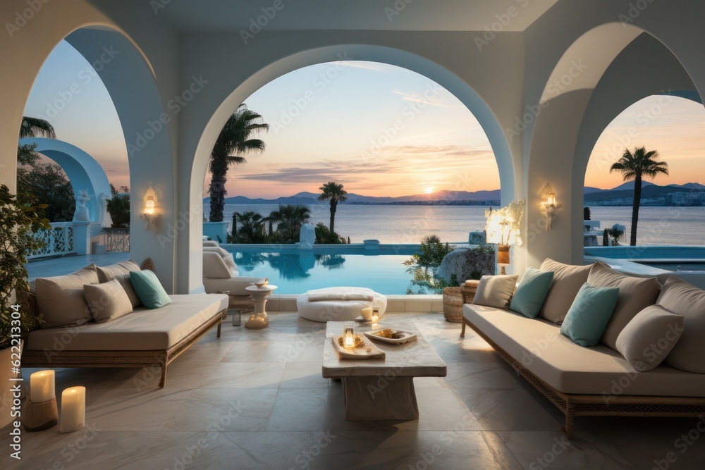 Fototapeta premium Interior Design of a Luxurious Greek Island Villa. Close-Up of chairs and sofa on a terrace with a Stunning Sea Sunset View
