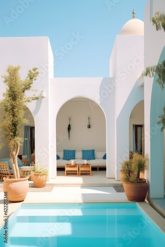 Interior Design of a Luxurious Greek Island Villa. Close-Up of chairs and sofa on a terrace with a Stunning Sea Sunset View