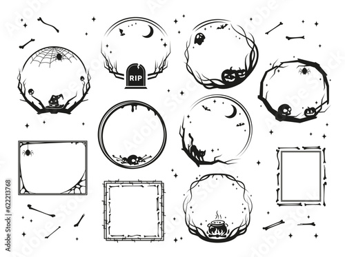 Halloween frames circle square black monochrome minimal design set line vector illustration