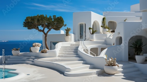 Exterior design of greek, mediteranean villa. Close up details of stairs, white building and clear skies © aboutmomentsimages