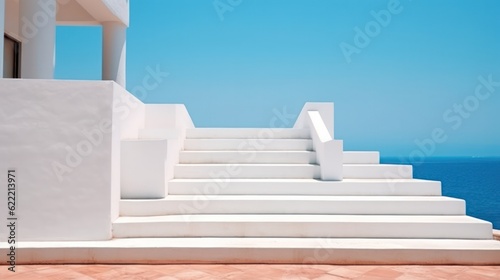 Exterior design of greek  mediteranean villa. Close up details of stairs  white building and clear skies