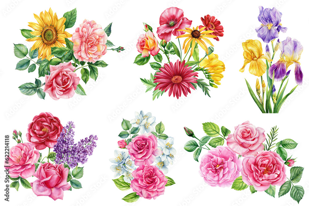 Flower and leaf. Set flowers isolated on white background, watercolor hand drawing lilac, rose, sunflower and jasmine Flower and leaf. Set flowers isolated on white background, watercolor hand drawing lilac, rose, sunflower and jasmine