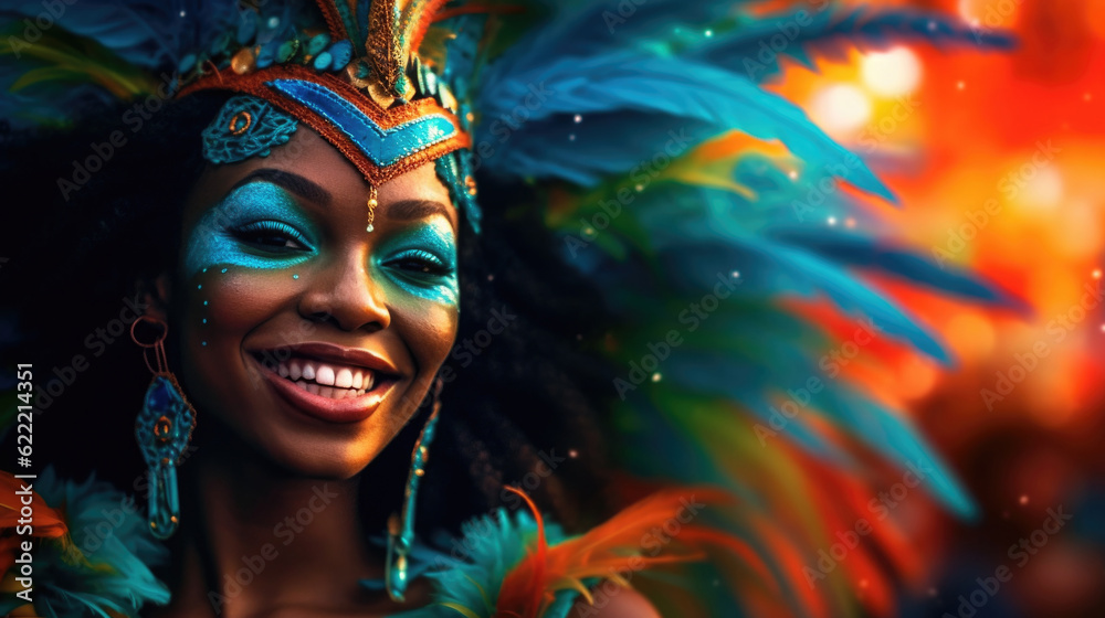 A vibrant portrait of a woman adorned in festive attire, capturing the spirit of the Brazilian Carnival. AI generated