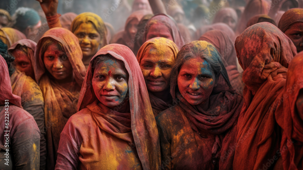 a crowd of people at the festival of Holi, portrait. AI generated