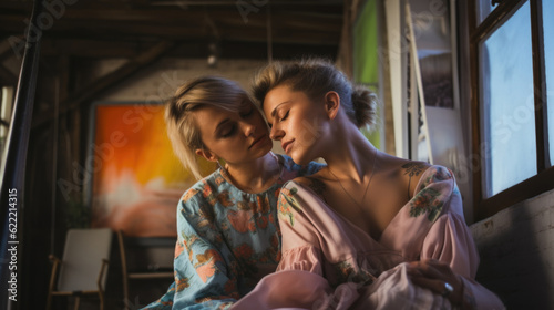 Two LGBTQ women embracing tightly in their cozy apartment  radiating love and acceptance  celebrating their unique bond. AI generated