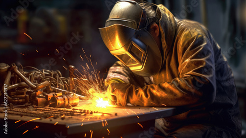 welder diligently fusing metal pieces, generating bright sparks and showcasing the artistry and precision of metalworking. AI generated