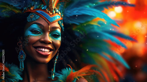 A vibrant portrait of a woman adorned in festive attire, capturing the spirit of the Brazilian Carnival. AI generated © Valeriia