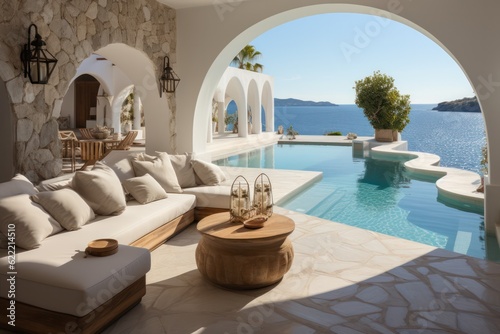 Luxurious Poolside Living in Oia, Santorini with a Breathtaking Sunset Sea View Seen through Traditional Wooden Doors