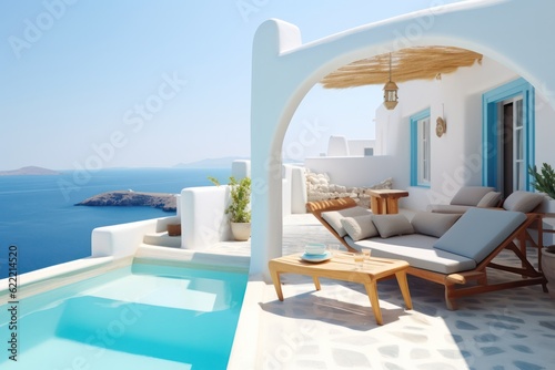Luxurious Poolside Living in Oia, Santorini with a Breathtaking Sunset Sea View Seen through Traditional Wooden Doors © aboutmomentsimages
