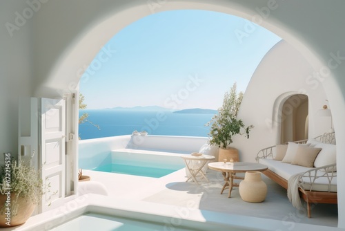Luxurious Poolside Living in Oia  Santorini with a Breathtaking Sunset Sea View Seen through Traditional Wooden Doors