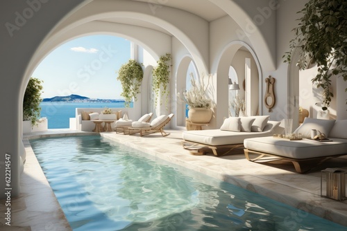 Luxurious Poolside Living in Oia, Santorini with a Breathtaking Sunset Sea View Seen through Traditional Wooden Doors