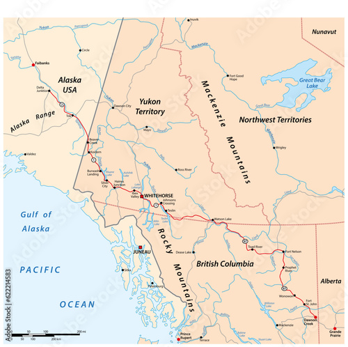 Vector road map of the Alaska Highway from Delta Junction to Dawson Creek, Canada, USA