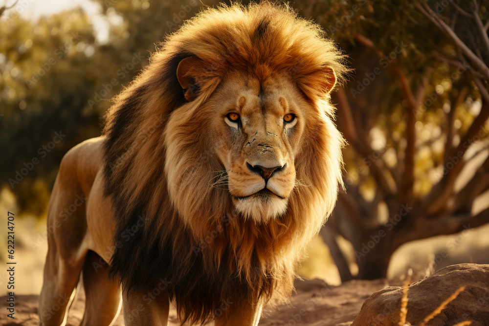 Closeup portrait of a lion standing in the Safari