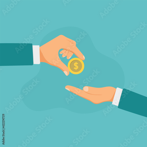 Businessman gives man a gold coin. Receiving money. Transfer of cash from hand to hand. Giving coin. Concept financial giving. Vector illustration, flat style design. 