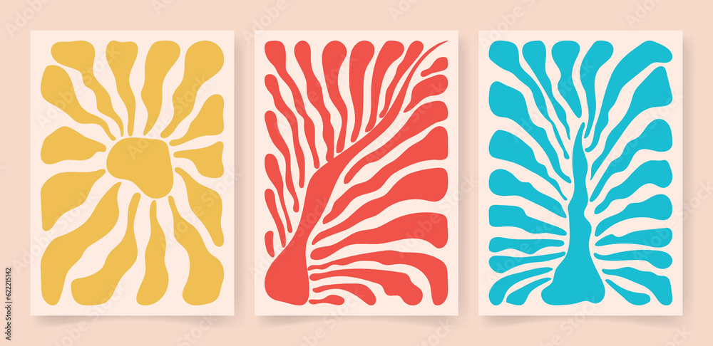 Obraz premium Abstract contemporary floral poster set. Botanical art organic wavy shapes Matisse style modern print botanical element organic shapes. Vector illustration