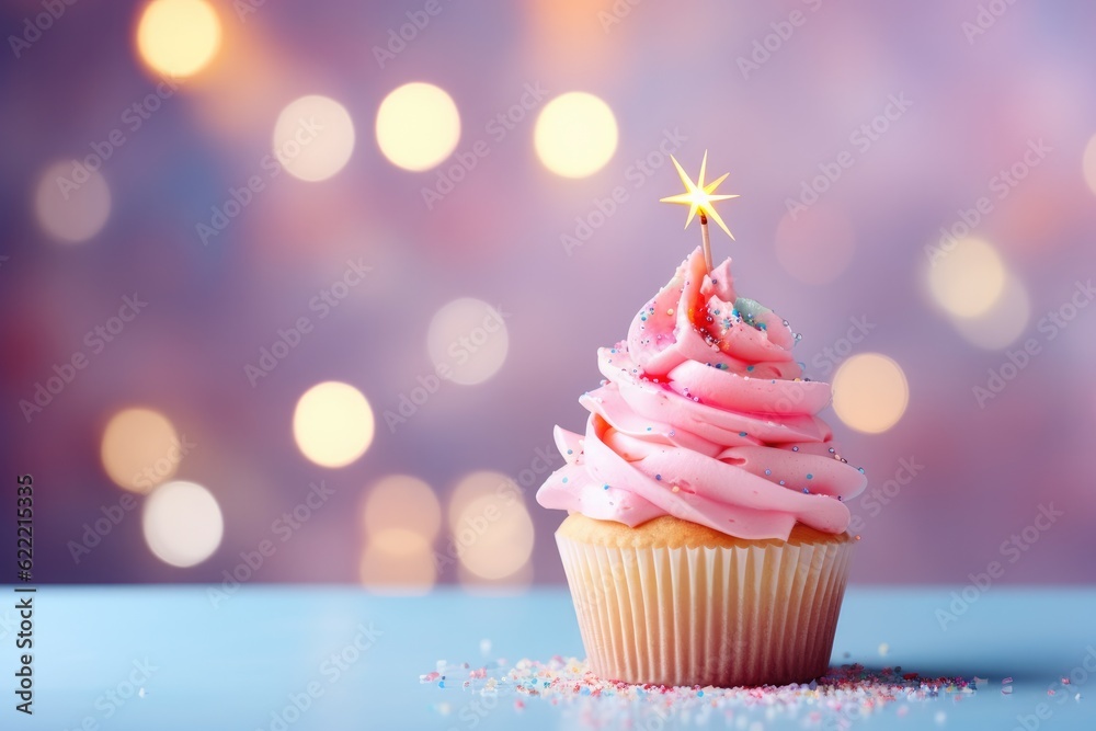 One birthday cupcake on pastel background for celebration. Generative Ai. One birthday cupcake on pastel background for celebration. Generative Ai.
