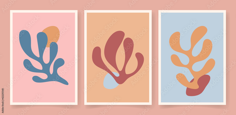 Abstract contemporary floral poster set. Botanical art organic wavy shapes Matisse style modern print botanical element organic shapes. Vector illustration Abstract contemporary floral poster set. Botanical art organic wavy shapes Matisse style modern print botanical element organic shapes. Vector illustration