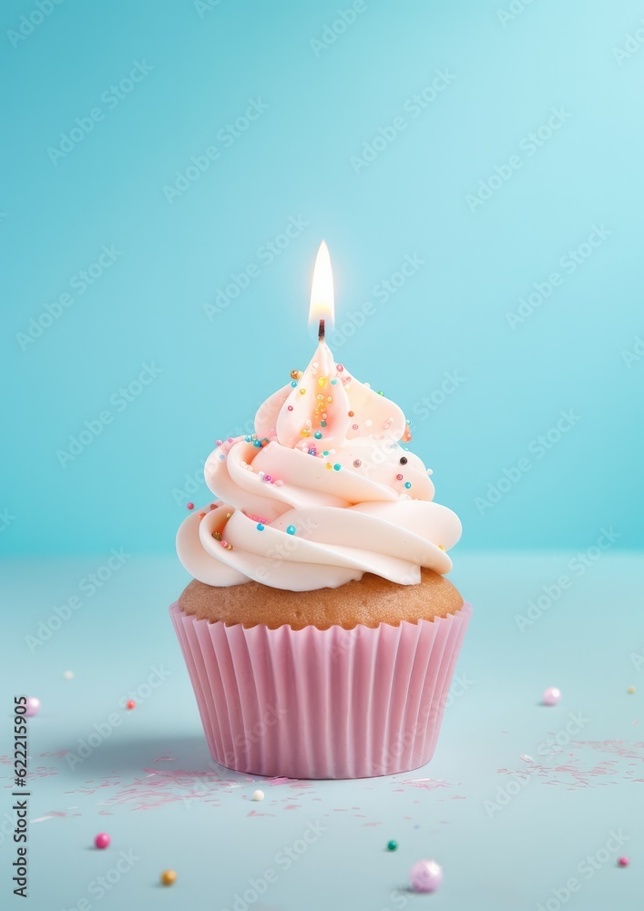 One birthday cupcake on pastel background for celebration. Generative Ai. One birthday cupcake on pastel background for celebration. Generative Ai.