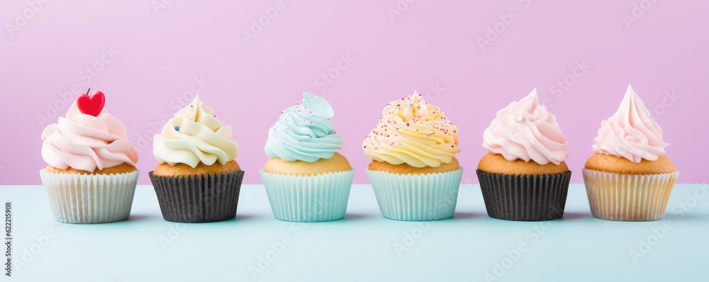 Birthday cupcake on pastel background for celebration, panorama. Generative Ai. Birthday cupcake on pastel background for celebration, panorama. Generative Ai.