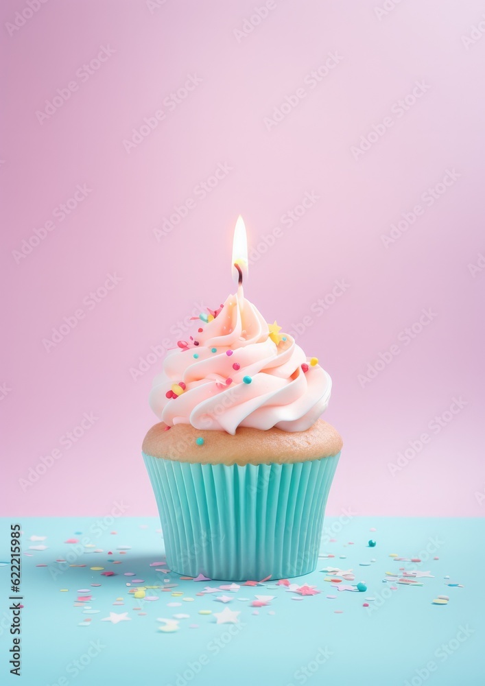 One birthday cupcake on pastel background for celebration. Generative Ai. One birthday cupcake on pastel background for celebration. Generative Ai.