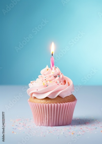 One birthday cupcake on pastel background for celebration. Generative Ai.