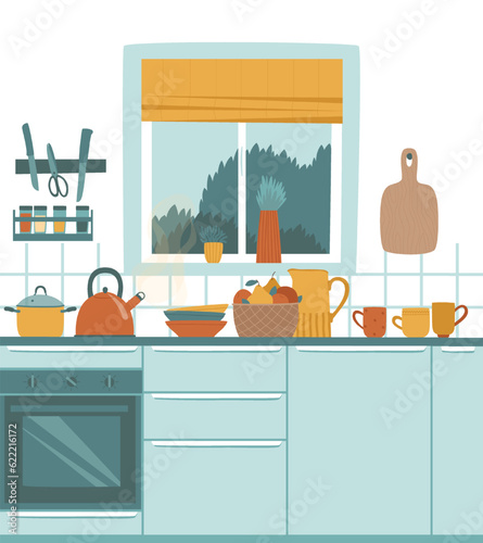 A kettle is boiling in the rustic kitchen. Preparations are underway for tea. Summer time relaxing in the village. Flat vector illustration.