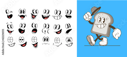 Set of 1930s vintage cartoon mascot face with different expression 
