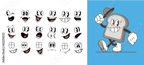Set of 1930s vintage cartoon mascot face with different expression, vector illustration photo