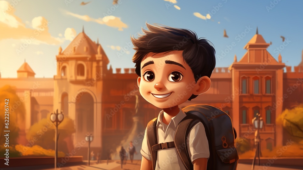 Cartoon Indian schoolboy with backpack smiling. AI generation