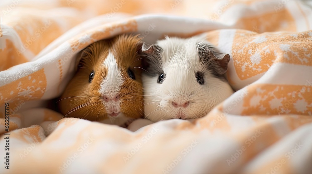 Cuddly guinea pigs snuggling in their cozy bedding. These adorable creatures find comfort in each other's company, forming bonds of affection as they nestle together. Generated by AI. Cuddly guinea pigs snuggling in their cozy bedding. These adorable creatures find comfort in each other's company, forming bonds of affection as they nestle together. Generated by AI.
