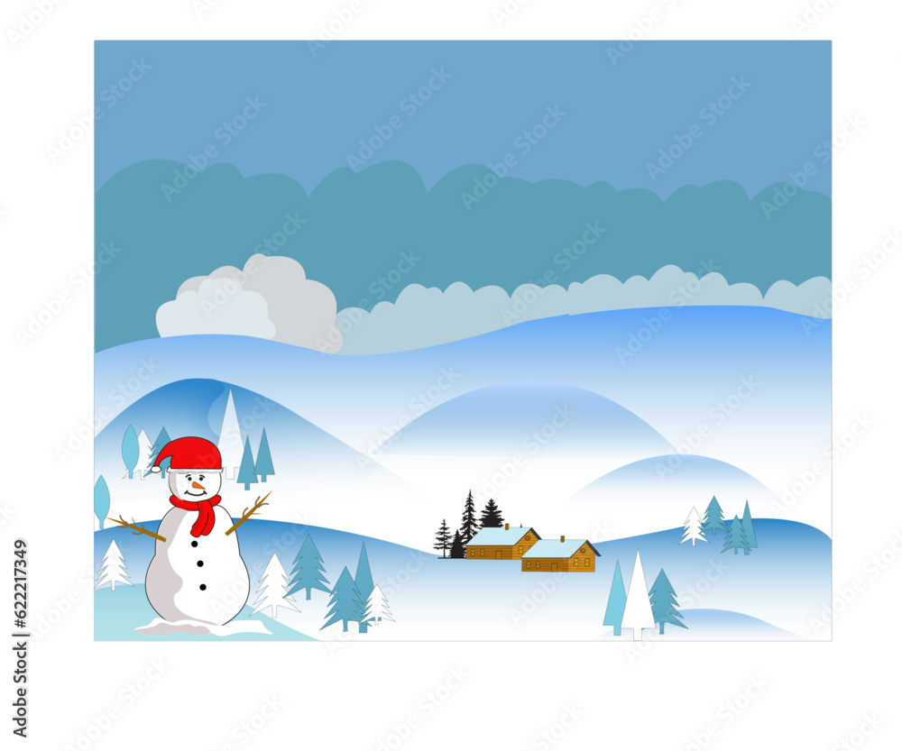 Bonhomme de neige avec colline, nuages, chalets, sapins en arrière-plan, avec espace pour texte