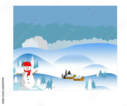 Bonhomme de neige avec colline, nuages, chalets, sapins en arrière-plan, avec espace pour texte