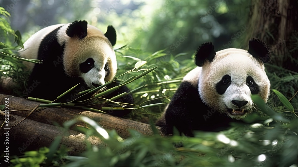 Gentle giant pandas peacefully munching on bamboo, their favorite food. These adorable creatures, with their black and white fur and round faces. Generated by AI. Gentle giant pandas peacefully munching on bamboo, their favorite food. These adorable creatures, with their black and white fur and round faces. Generated by AI.