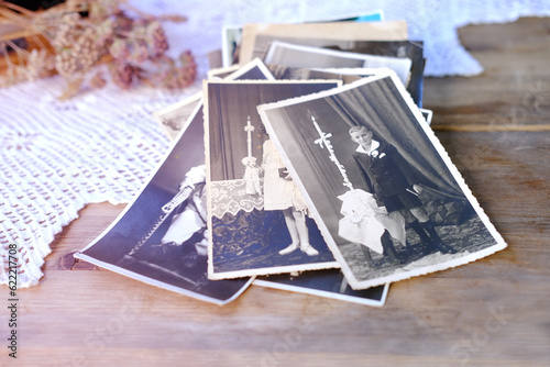 old monochrome photographs in sepia color 1940, home archive, concept of family tree, genealogy, memories, memory of ancestors, family tree, nostalgia, remembering, family ties, memories of childhood