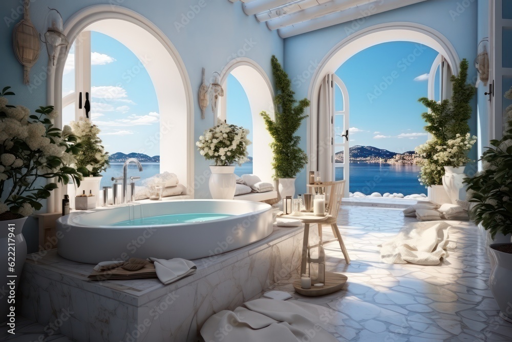 High-End Bathroom Design in a Mediterranean Villa Showcasing Contemporary Decor, Chic Accessories, and a Stunning Sea View.