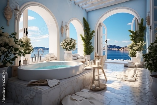 High-End Bathroom Design in a Mediterranean Villa Showcasing Contemporary Decor, Chic Accessories, and a Stunning Sea View. © aboutmomentsimages