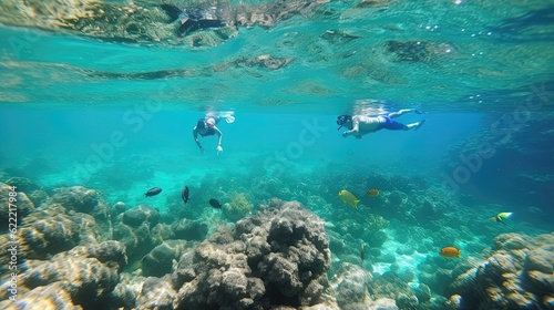 People snorkel in the crystal-clear waters, discovering the vibrant marine life that lies beneath the surface. Laughter and awe fill the air as they encounter colorful coral reefs. Generated by AI.