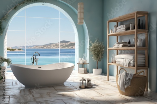 High-End Bathroom Design in a Mediterranean Villa Showcasing Contemporary Decor  Chic Accessories  and a Stunning Sea View.