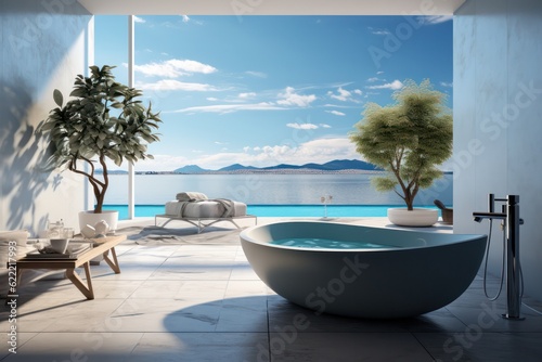 High-End Bathroom Design in a Mediterranean Villa Showcasing Contemporary Decor  Chic Accessories  and a Stunning Sea View.